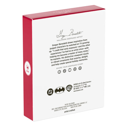 DC™ Batman™ Vintage Figure — 2026 Hallmark Keepsake Christmas Ornament back packaging, featuring artist details and logos.