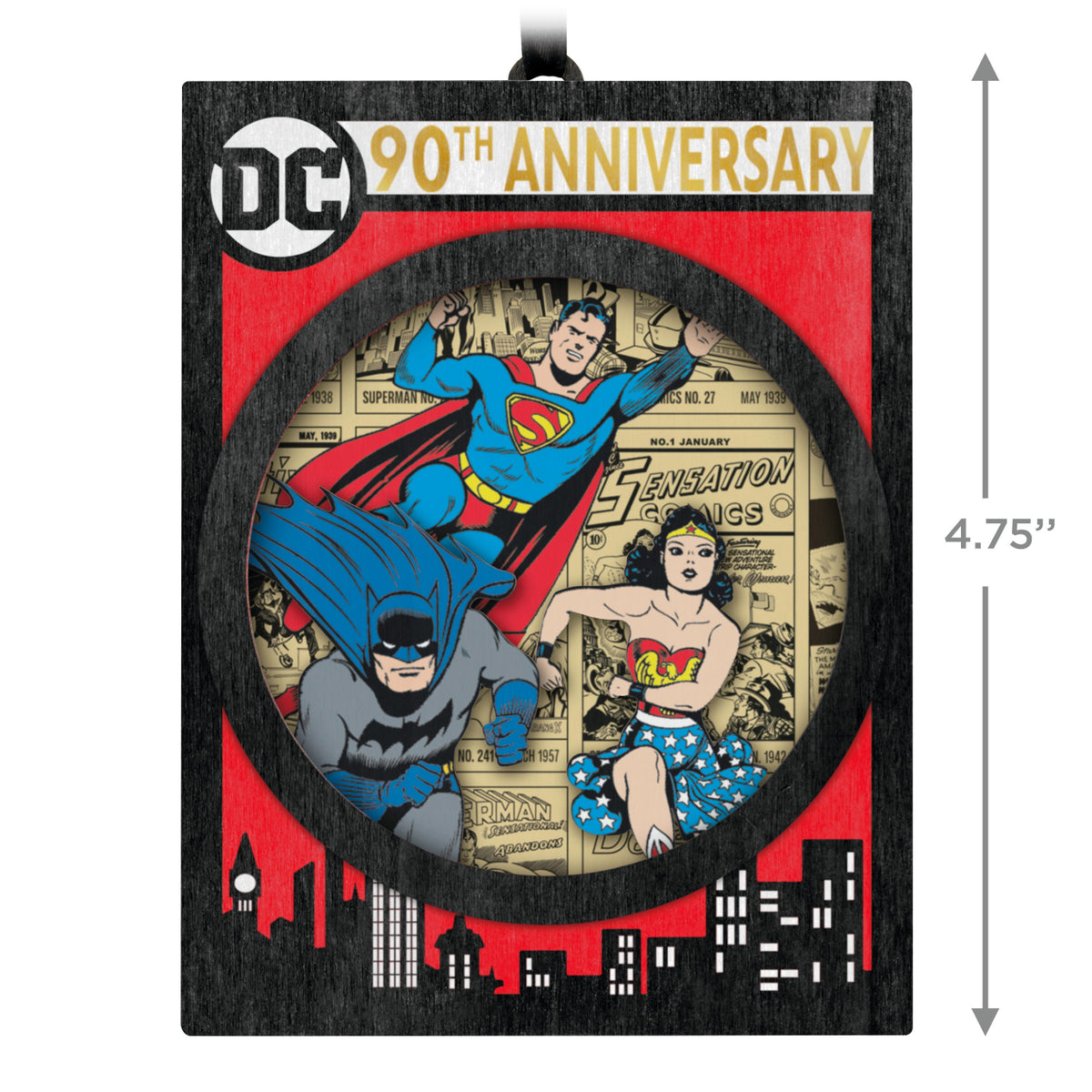 DC™ Comics 90th Anniversary — 2025 Hallmark Keepsake Christmas Ornament featuring Superman, Batman, and Wonder Woman in a vibrant design with a city skyline background.