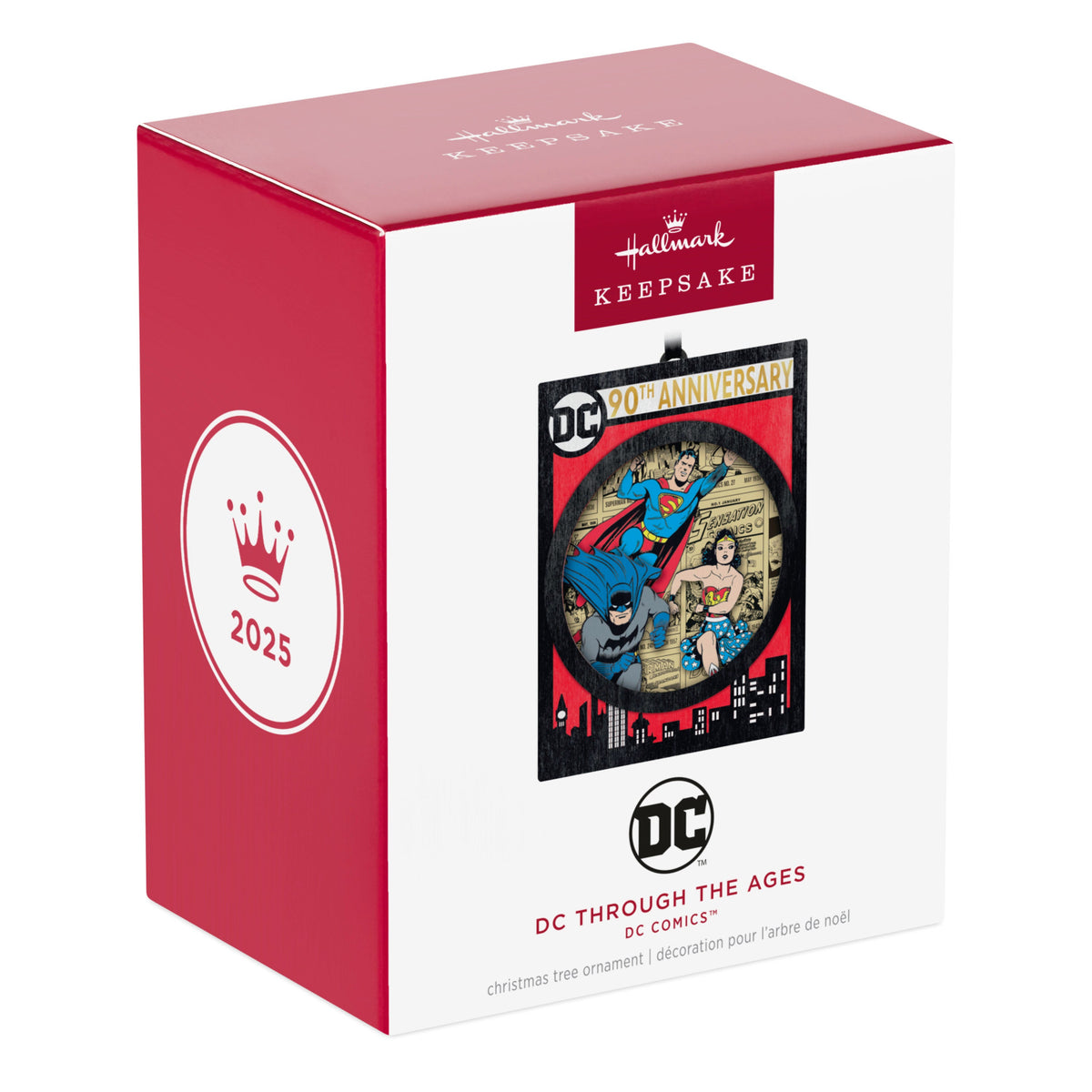 DC™ Comics 90th Anniversary — 2025 Hallmark Keepsake Christmas Ornament packaging in vibrant red with iconic superhero designs.