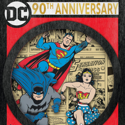 DC™ Comics 90th Anniversary — 2025 Hallmark Keepsake Christmas Ornament featuring Superman, Batman, and Wonder Woman in vibrant colours