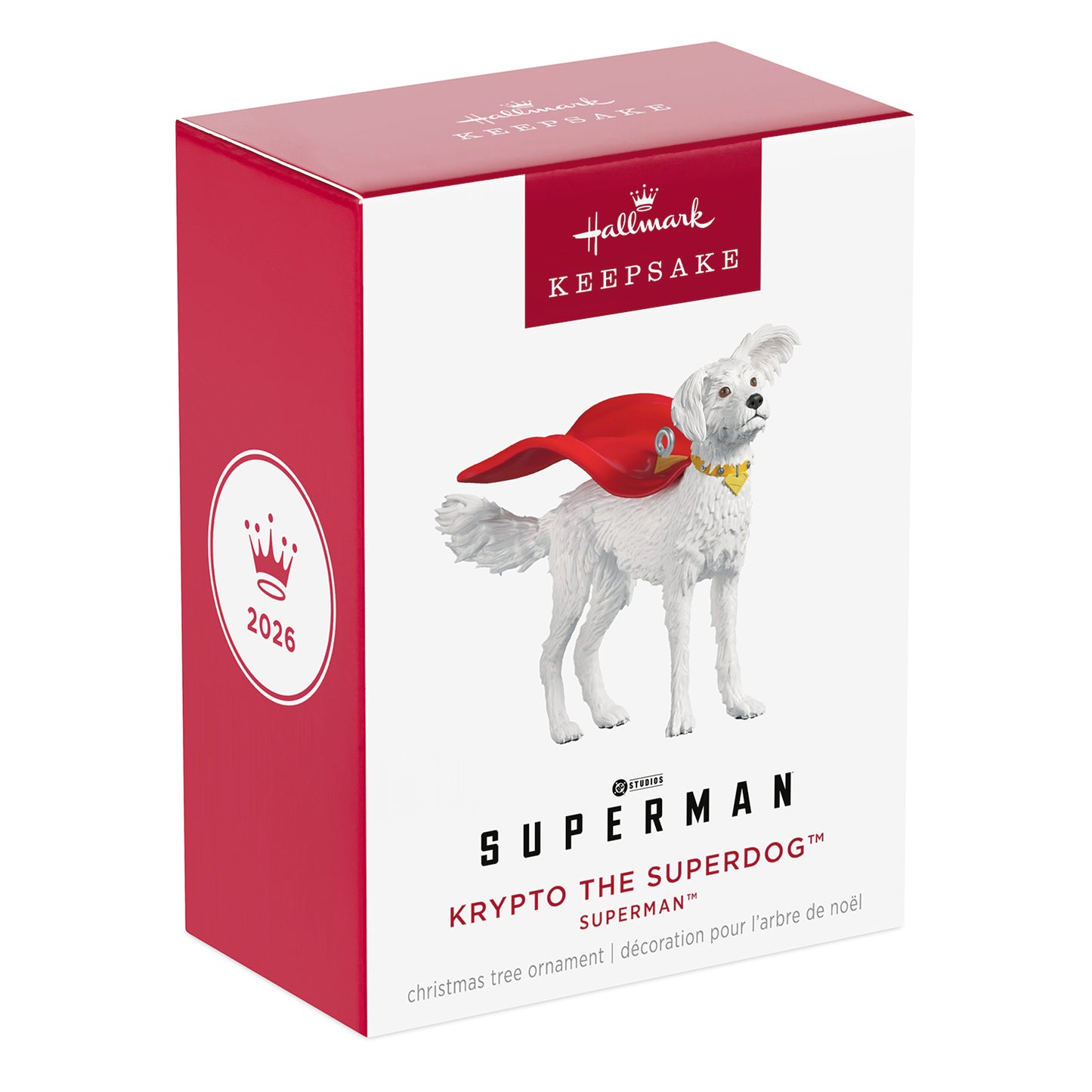 DC™ Superman™ Krypto the Superdog™ — 2026 Hallmark Keepsake Christmas Ornament in vibrant packaging with a red base and white dog figure.