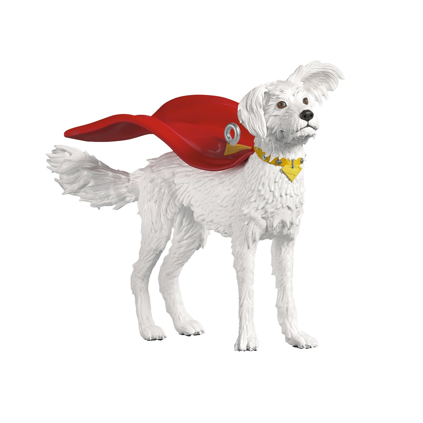 DC™ Superman™ Krypto the Superdog™ — 2026 Hallmark Keepsake Christmas Ornament featuring a white dog in a red cape and yellow collar, angled view.