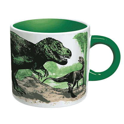 Unemployed Philosophers Guild - Dinosaur Mug featuring T-Rex and dino landscape, green interior, showing detailed illustration.