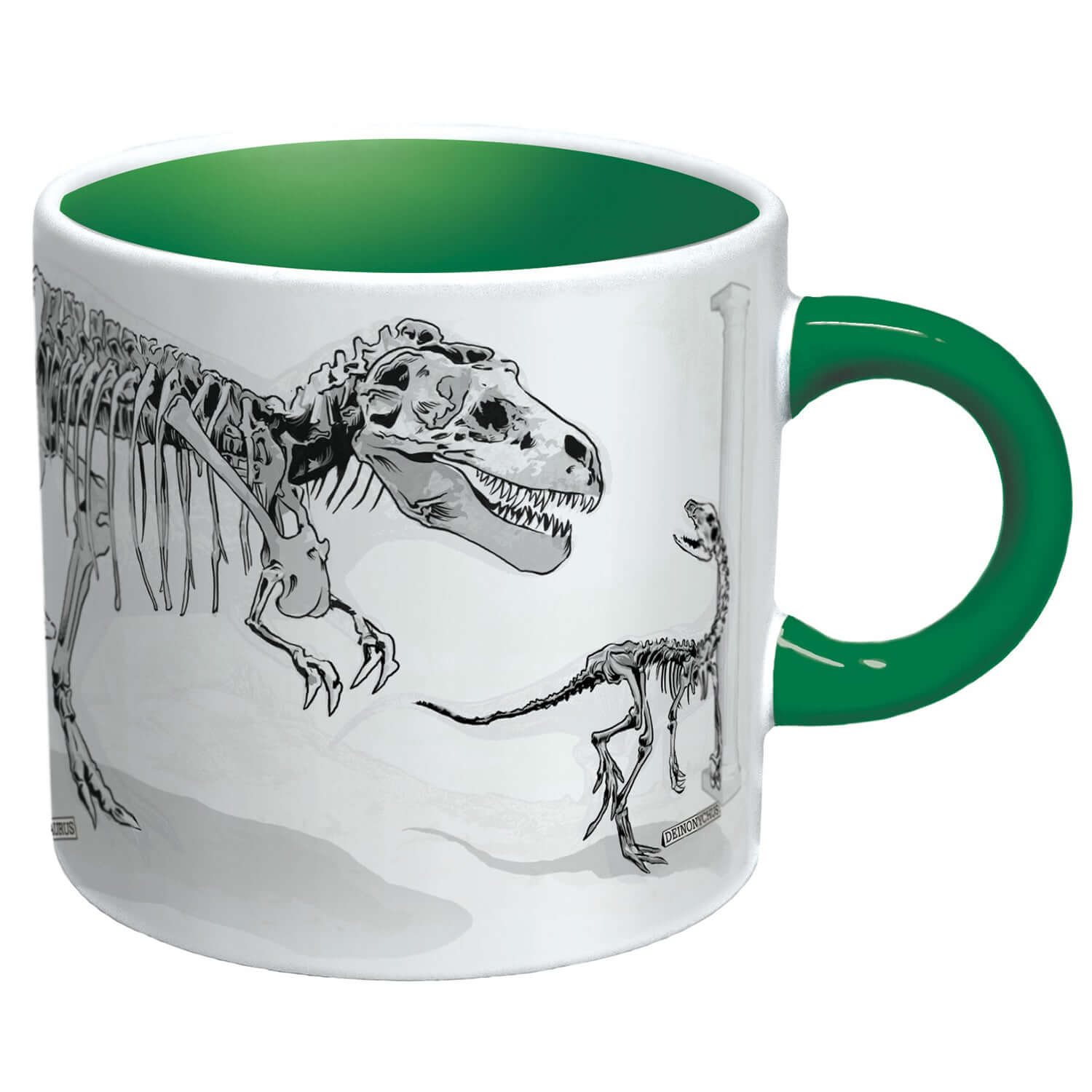 Unemployed Philosophers Guild - Dinosaur Mug featuring a green handle, showcasing dinosaur skeletons in black and white.