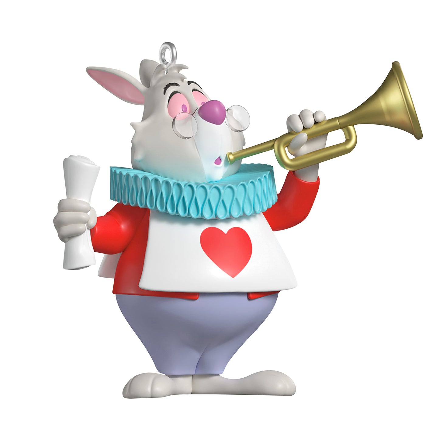 Disney Alice in Wonderland 75th Anniversary The White Rabbit — 2026 Hallmark Keepsake Christmas Ornament, colourful design, trumpet detail, angled view