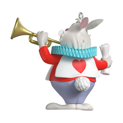 Disney Alice in Wonderland 75th Anniversary The White Rabbit — 2026 Hallmark Keepsake Christmas Ornament, rear view, holding trumpet and scroll, colourful details
