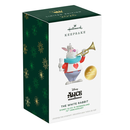 Disney Alice in Wonderland 75th Anniversary The White Rabbit — 2026 Hallmark Keepsake Christmas Ornament in limited edition packaging, angled view.
