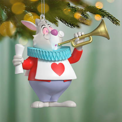 Disney Alice in Wonderland 75th Anniversary The White Rabbit — 2026 Hallmark Keepsake Christmas Ornament, colourful, detailed view, trumpet blowing, festive decoration