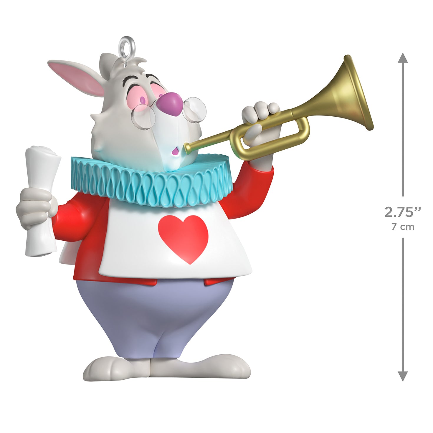 Disney Alice in Wonderland 75th Anniversary The White Rabbit — 2026 Hallmark Keepsake Christmas Ornament blowing trumpet with heart motif, 7 cm tall