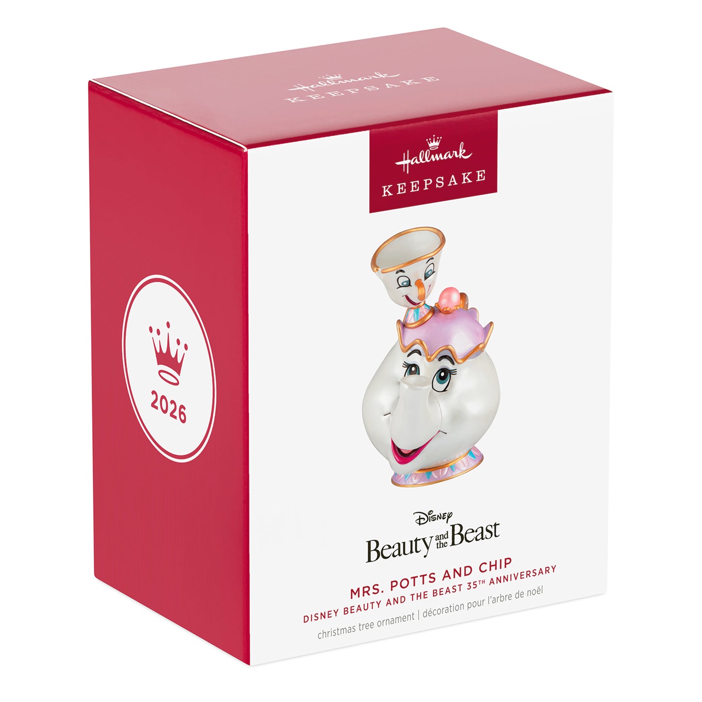 Disney Beauty and the Beast 35th Anniversary Mrs. Potts and Chip — 2026 Hallmark Keepsake Christmas Ornament packaging, front view.