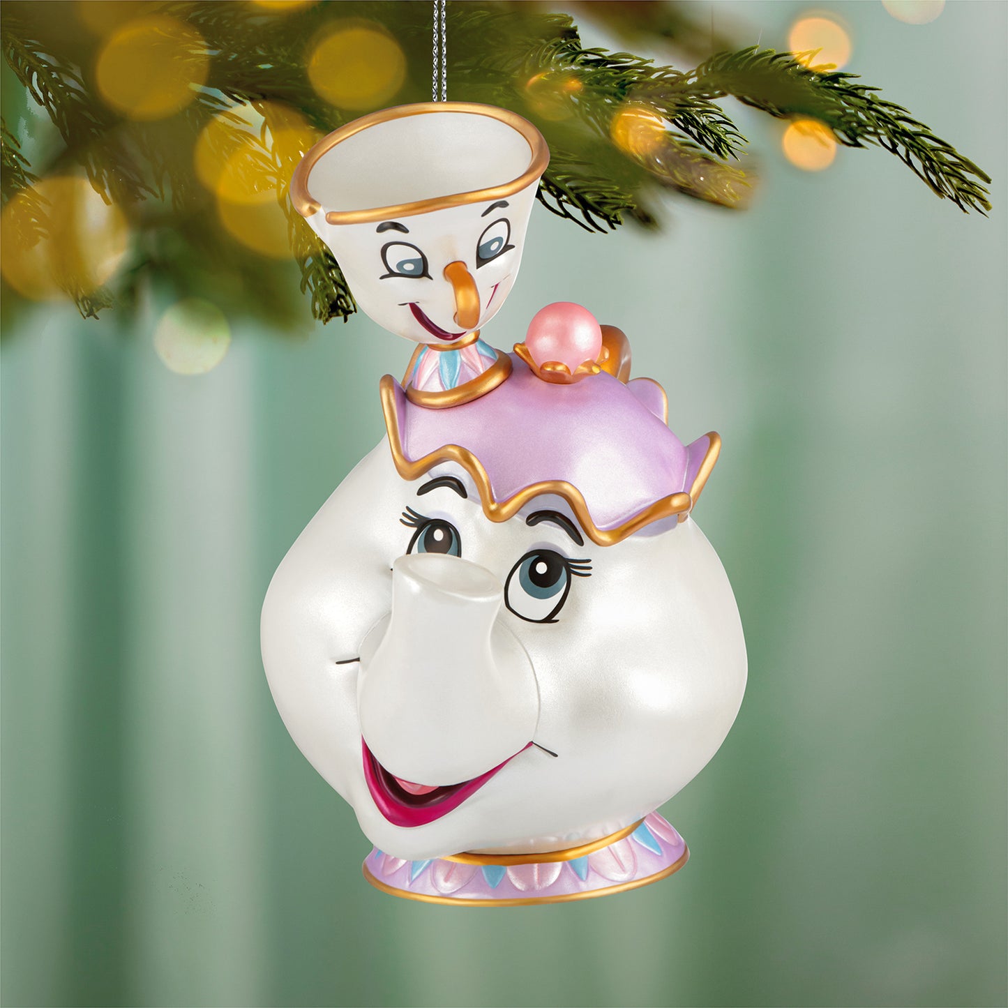 Disney Beauty and the Beast 35th Anniversary Mrs. Potts and Chip — 2026 Hallmark Keepsake Christmas Ornament, close up view, detailed facial features.
