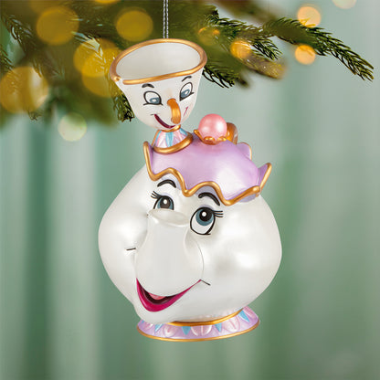 Disney Beauty and the Beast 35th Anniversary Mrs. Potts and Chip — 2026 Hallmark Keepsake Christmas Ornament, close up view, detailed facial features.