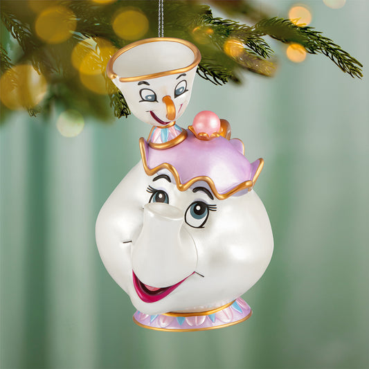 Disney Beauty and the Beast 35th Anniversary Mrs. Potts and Chip — 2026 Hallmark Keepsake Christmas Ornament, close up view, detailed facial features.