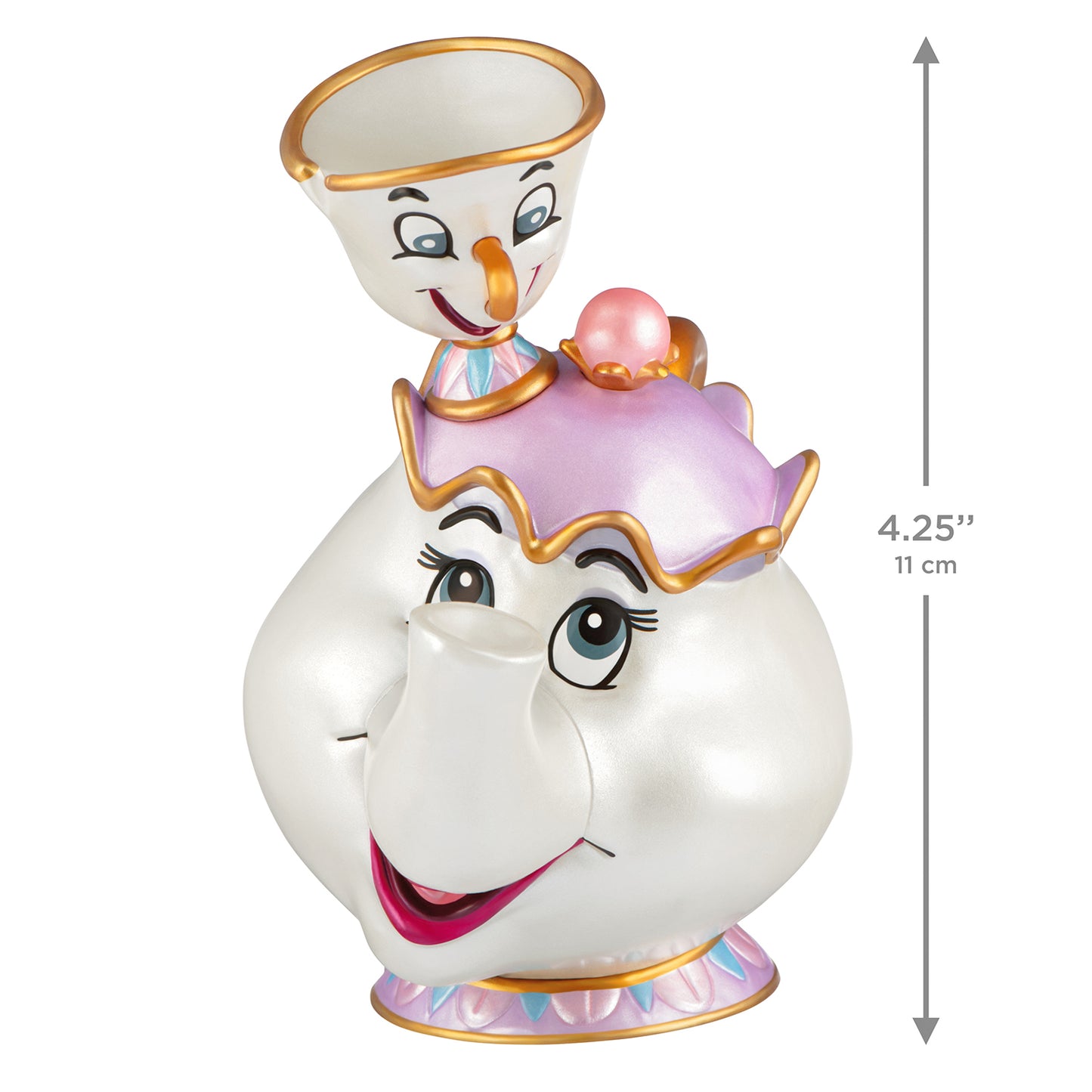 Disney Beauty and the Beast 35th Anniversary Mrs. Potts and Chip — 2026 Hallmark Keepsake Christmas Ornament, detailed view, 11 cm tall