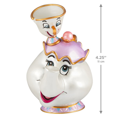 Disney Beauty and the Beast 35th Anniversary Mrs. Potts and Chip — 2026 Hallmark Keepsake Christmas Ornament, detailed view, 11 cm tall