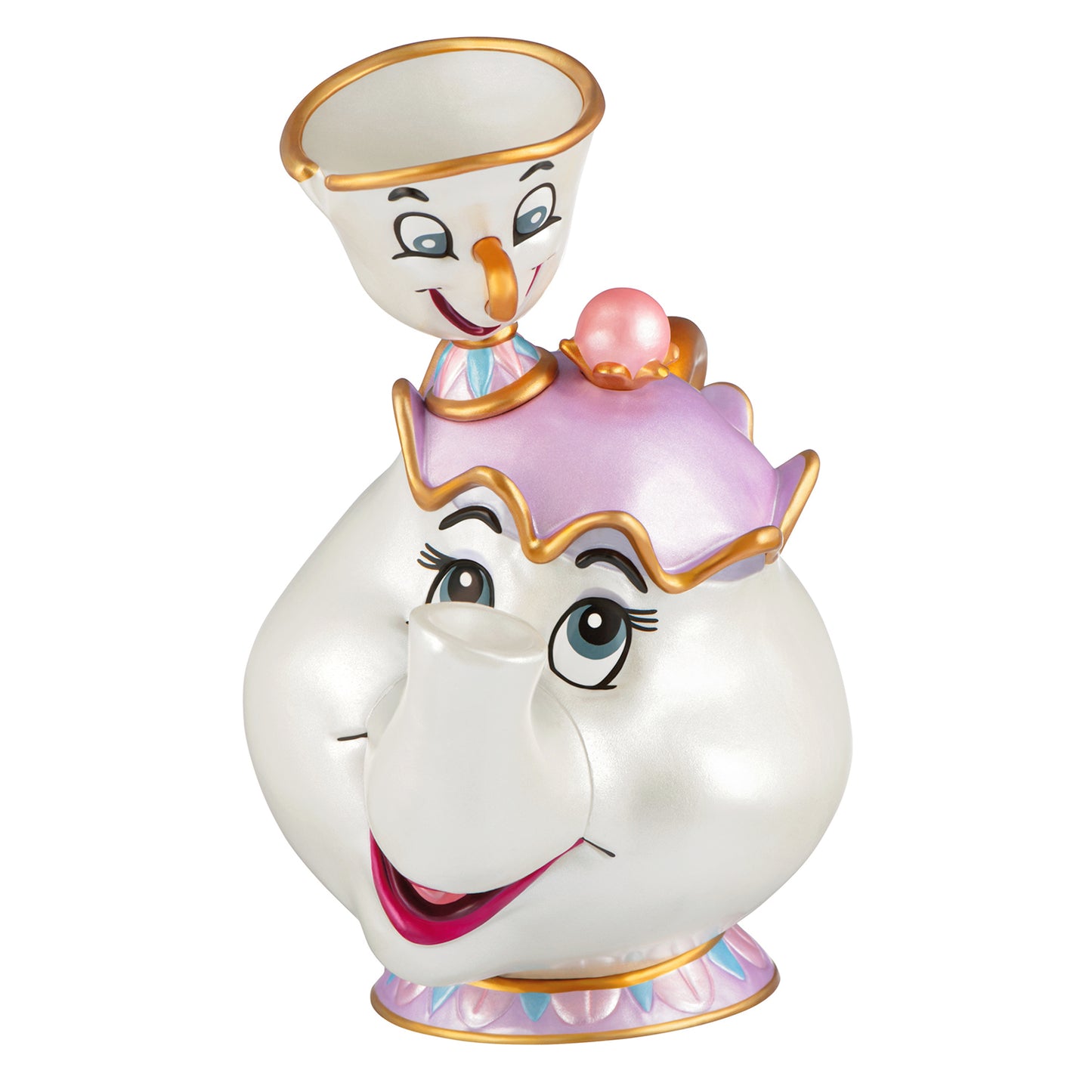 Disney Beauty and the Beast 35th Anniversary Mrs. Potts and Chip — 2026 Hallmark Keepsake Christmas Ornament, cheerful design, detailed finish, angled view.
