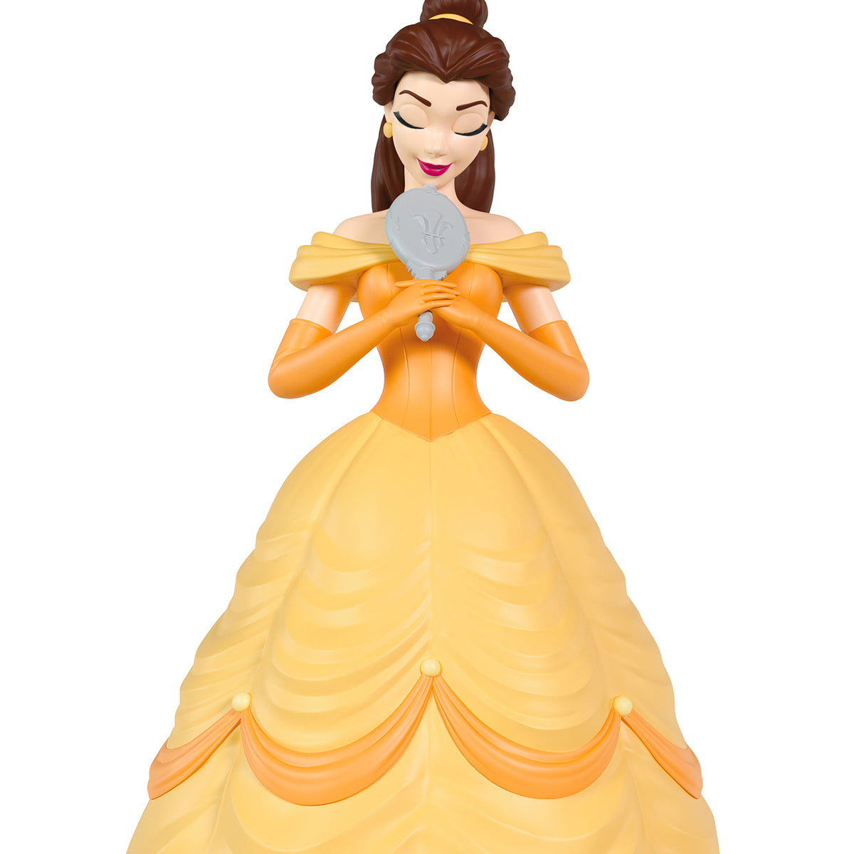Disney Beauty and the Beast 35th Anniversary Belle With the Enchanted Mirror — 2026 Hallmark Keepsake Christmas Ornament, detailed view of Belle in yellow gown holding a magic mirror.