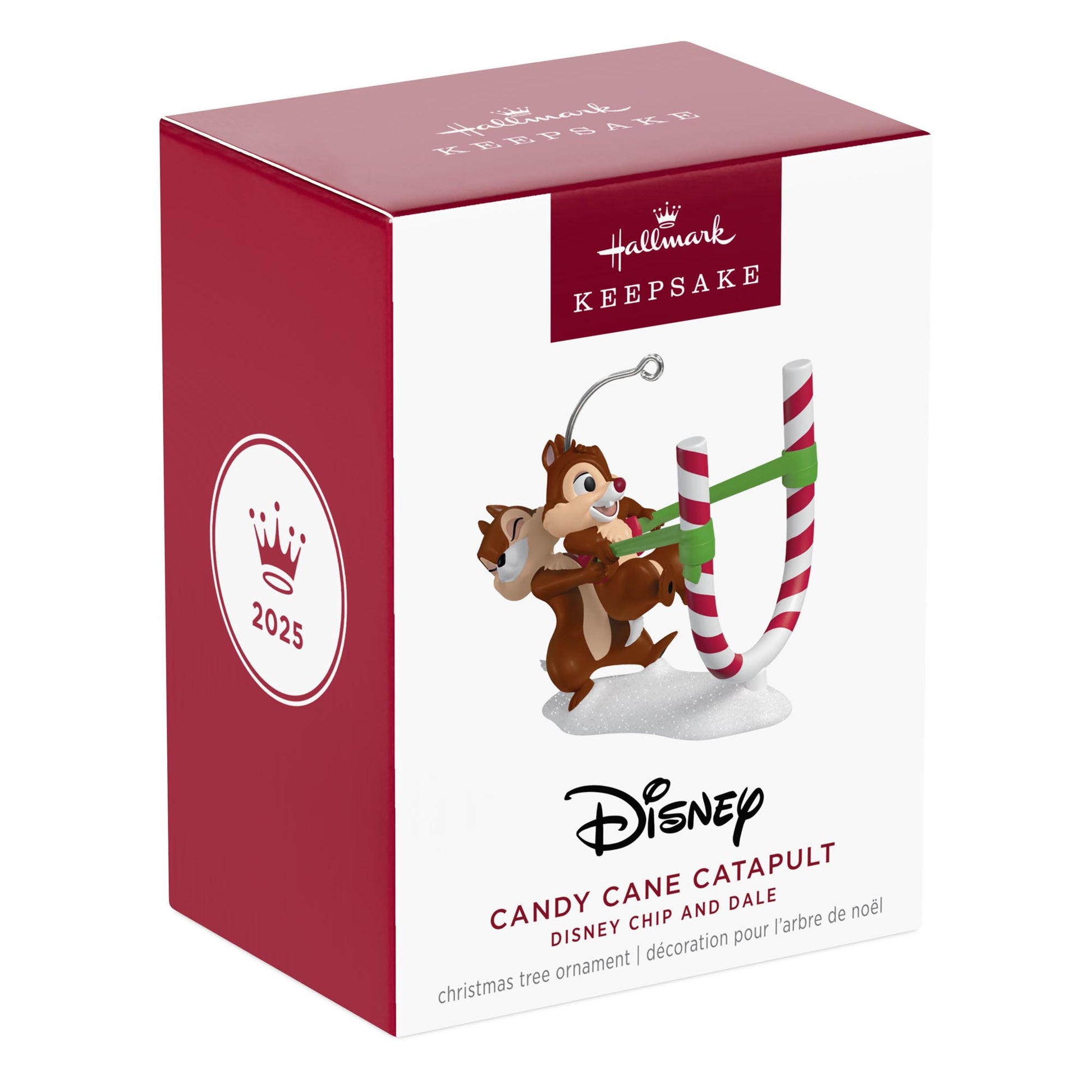 Disney Chip ’n Dale, Candy Cane Catapult — 2025 Hallmark Keepsake Christmas Ornament, gift boxed design with festive colours and logo.