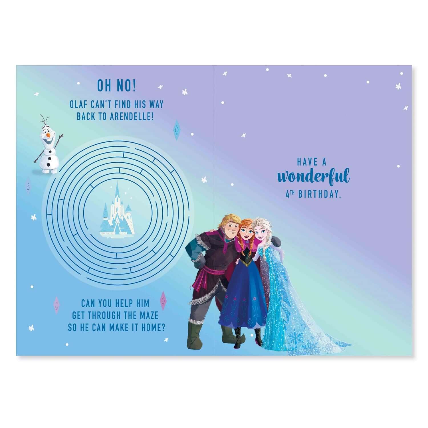 Connections from Hallmark Age 4 Birthday Card - Disney Frozen featuring Olaf, Elsa, and Anna inside with a maze design and birthday message.
