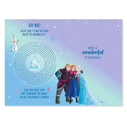 Connections from Hallmark Age 4 Birthday Card - Disney Frozen featuring Olaf, Elsa, and Anna inside with a maze design and birthday message.