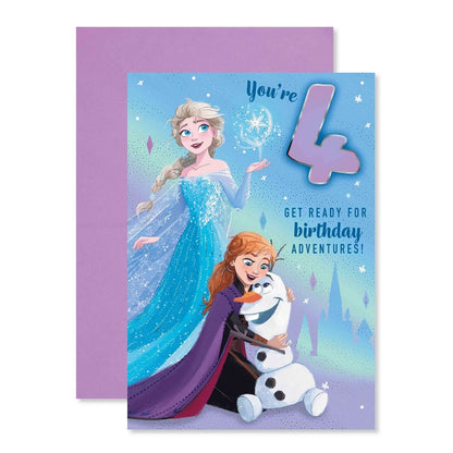Connections from Hallmark Age 4 Birthday Card - Disney Frozen featuring Elsa and Anna celebrating 4th birthday, with purple envelope.