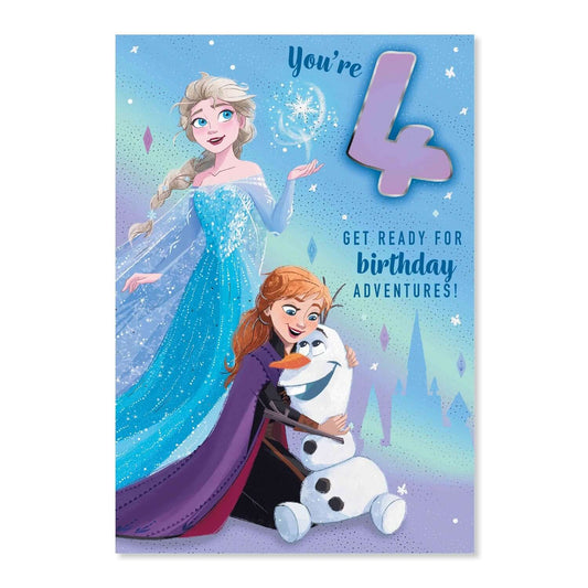 Connections from Hallmark Age 4 Birthday Card - Disney Frozen features Elsa and Anna with Olaf on a sparkly blue background.