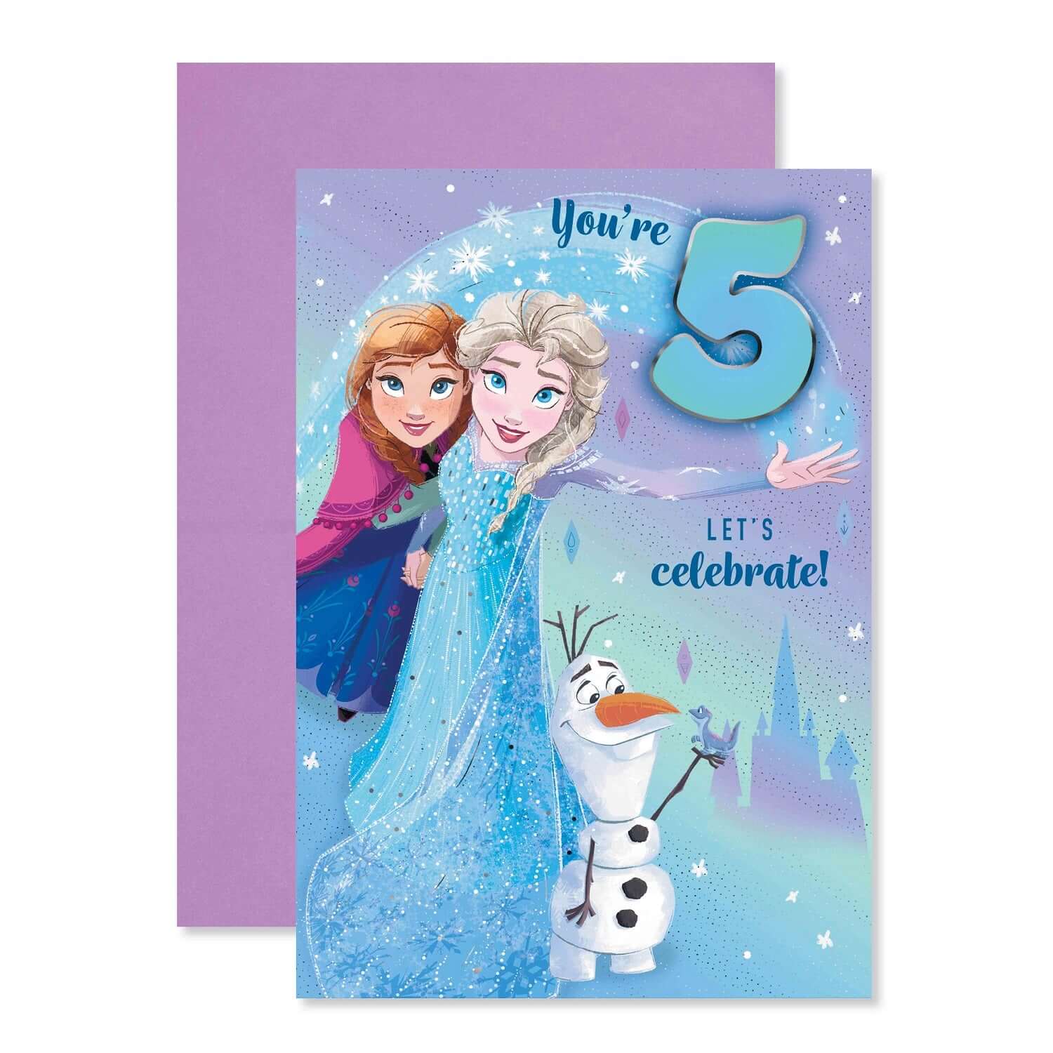 Connections from Hallmark Age 5 Birthday Card - Disney Frozen featuring Elsa and Anna with Olaf, colourful design on purple background.