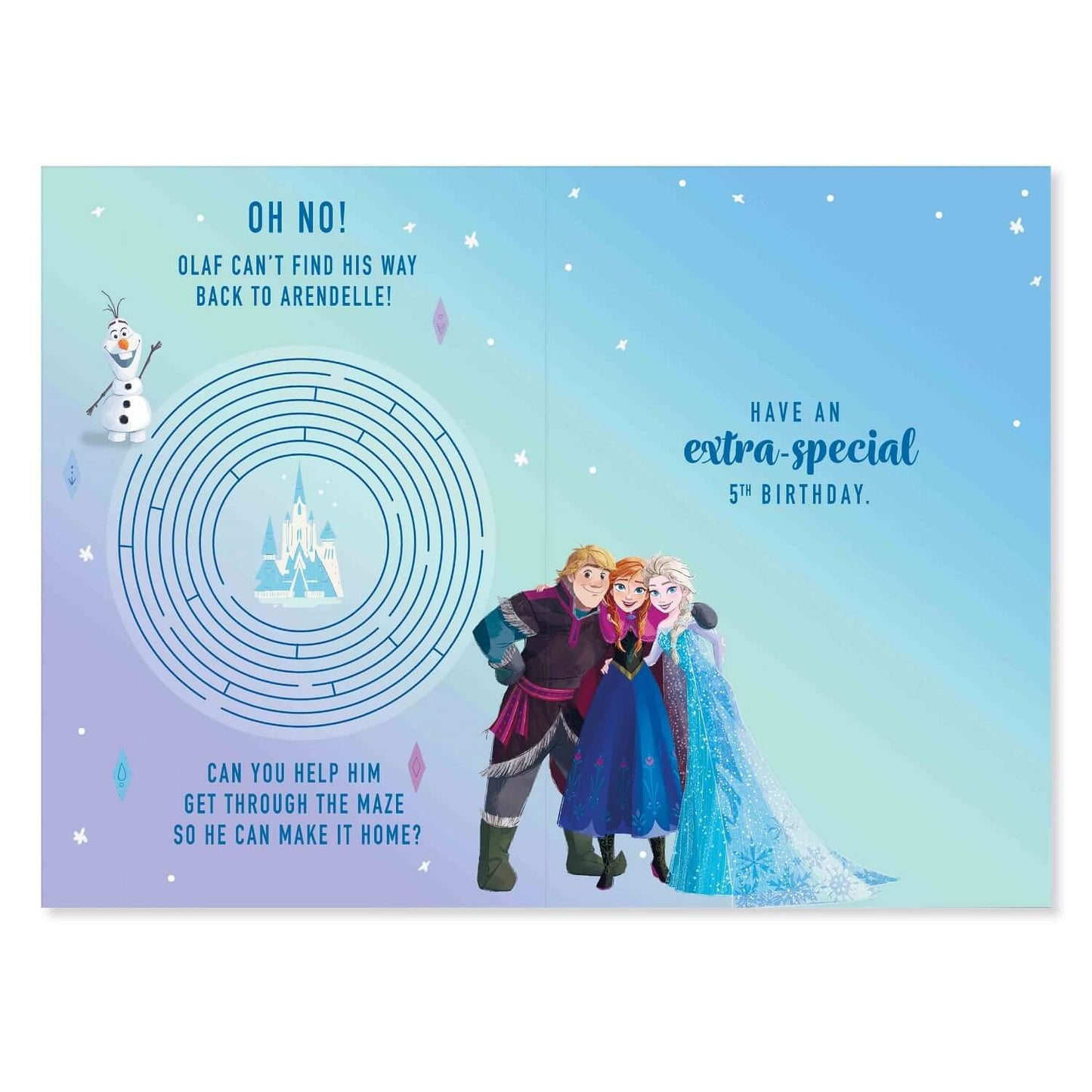 Connections from Hallmark Age 5 Birthday Card - Disney Frozen, interior details showing Olaf and characters in a maze with birthday wishes.