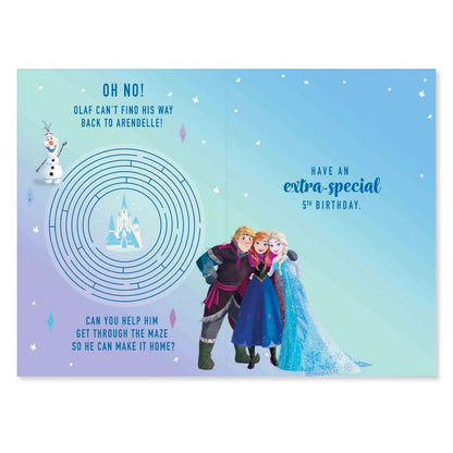 Connections from Hallmark Age 5 Birthday Card - Disney Frozen, interior details showing Olaf and characters in a maze with birthday wishes.
