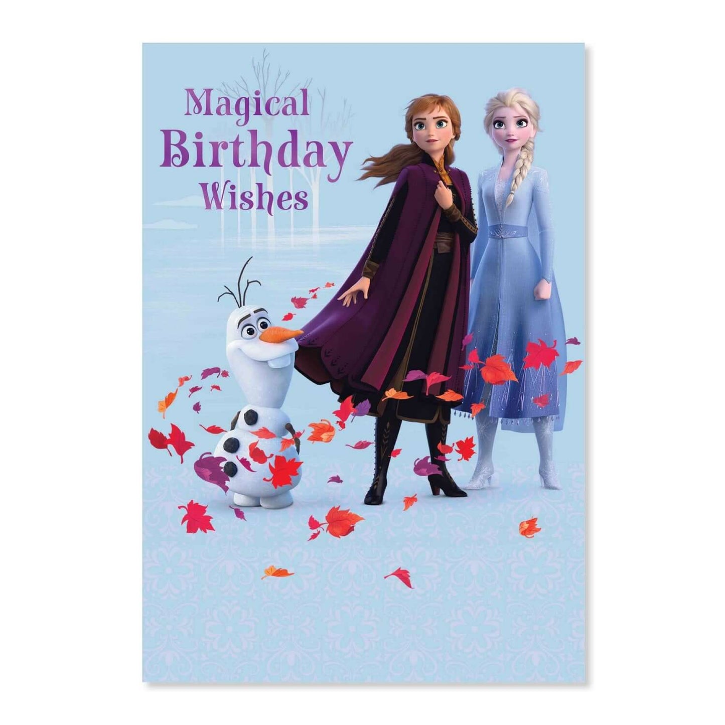 Connections from Hallmark Birthday Card - Disney Frozen featuring Anna, Elsa, and Olaf with colourful leaves on a blue background.