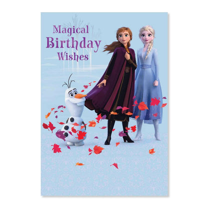 Connections from Hallmark Birthday Card - Disney Frozen featuring Anna, Elsa, and Olaf with colourful leaves on a blue background.