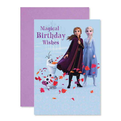 Connections from Hallmark Birthday Card - Disney Frozen featuring Elsa, Anna, and Olaf with purple foil details in a flat lay view.