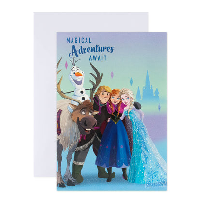 Hallmark Interactive Sound Card - Disney Frozen featuring characters Elsa, Anna, Olaf and Kristoff, front design with 'Magical adventures await' message.