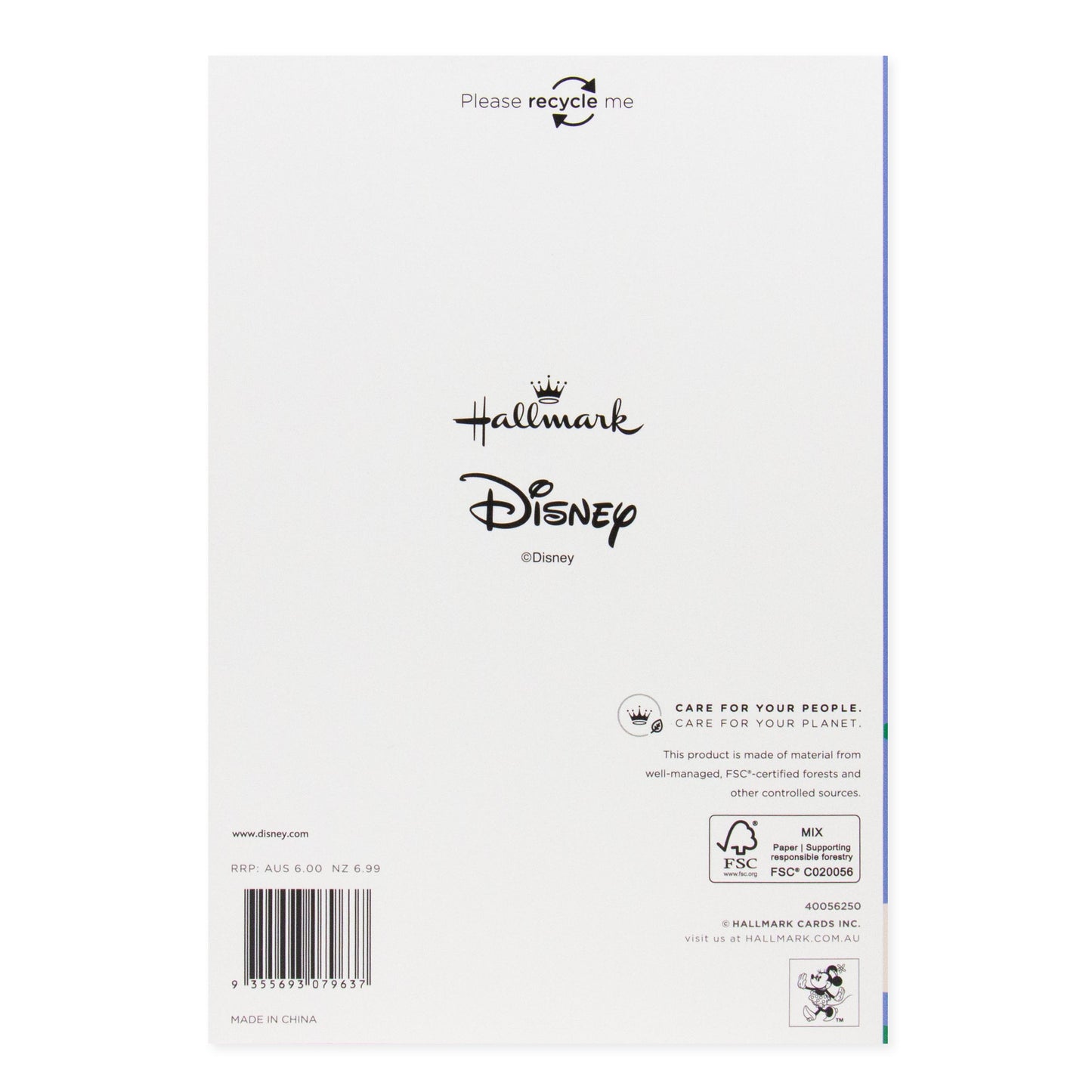 Hallmark Disney Mother's Day Card - Minnie Mouse back cover showing recycling information and contact details in black print.