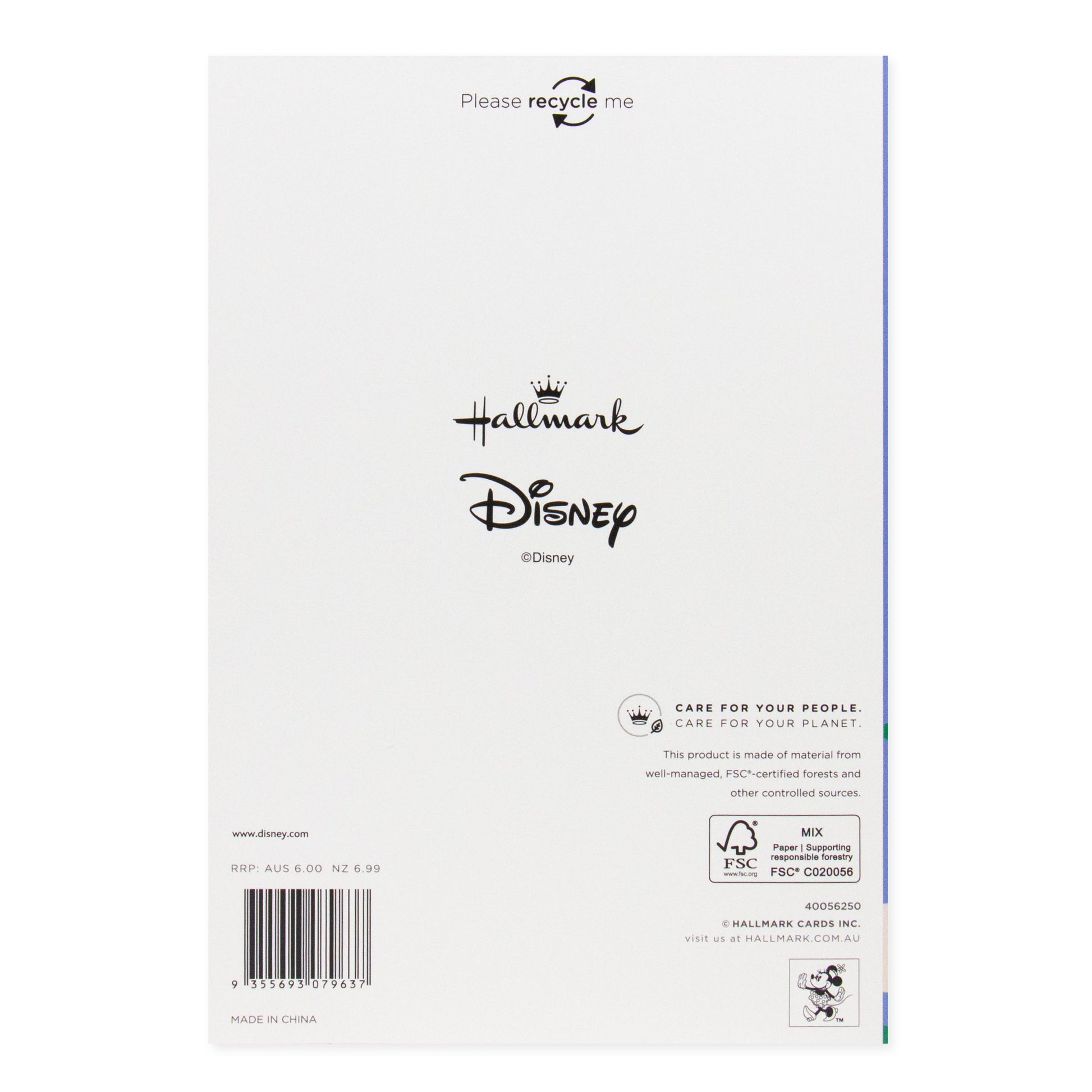 Hallmark Disney Mother's Day Card - Minnie Mouse back cover showing recycling information and contact details in black print.