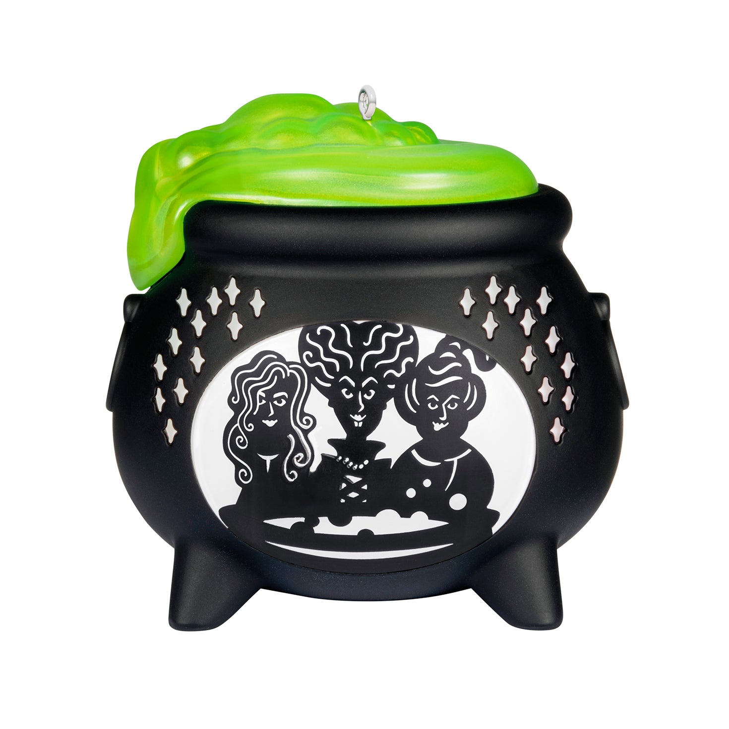 Disney Hocus Pocus Sanderson Sisters cauldron with light, black ceramic ornament featuring detailed character designs and green slime.