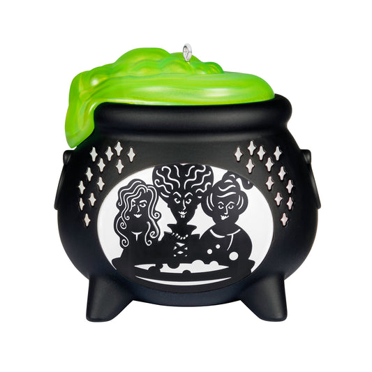 Disney Hocus Pocus Sanderson Sisters cauldron with light, black ceramic ornament featuring detailed character designs and green slime.