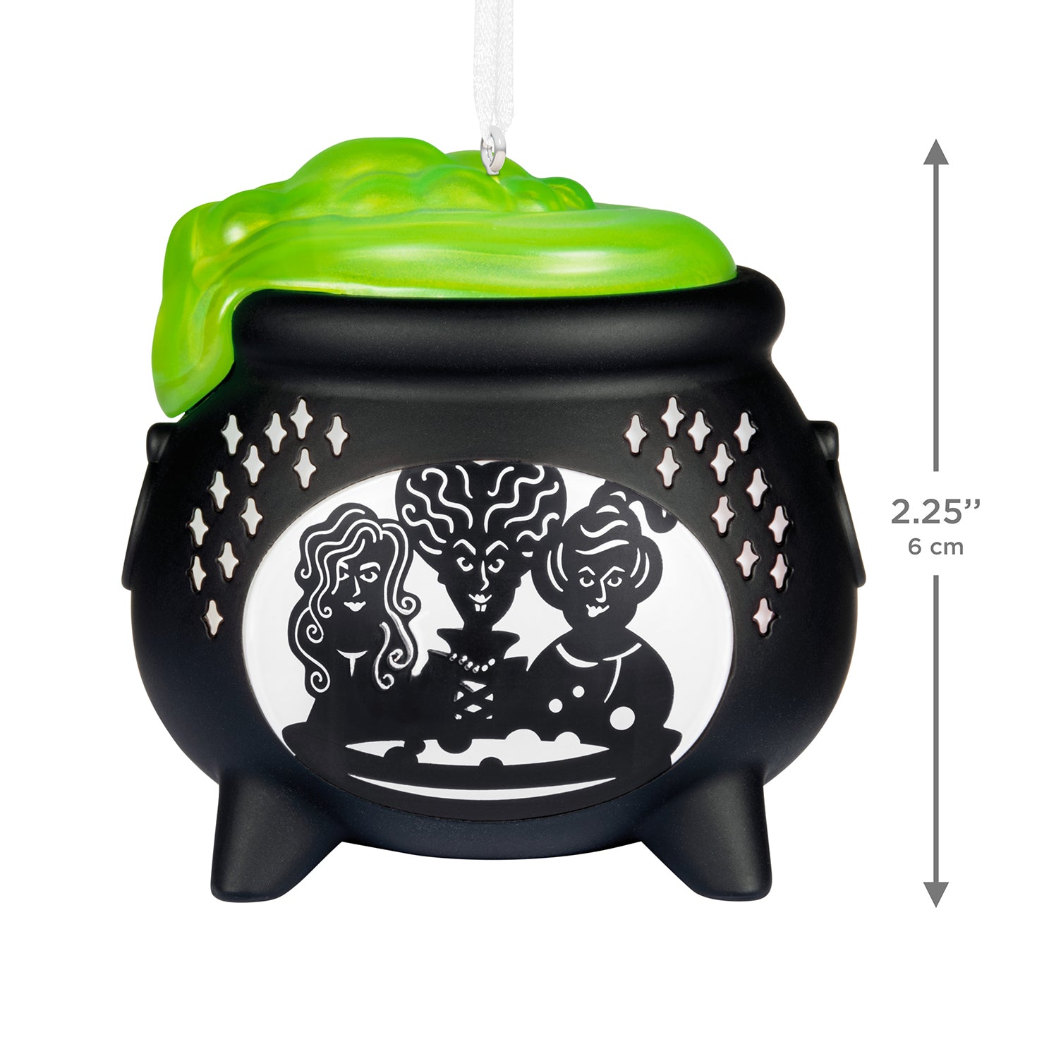 Disney Hocus Pocus Sanderson Sisters cauldron with light — 2026 Hallmark Keepsake Halloween ornament featuring a green cauldron top and detailed characters.