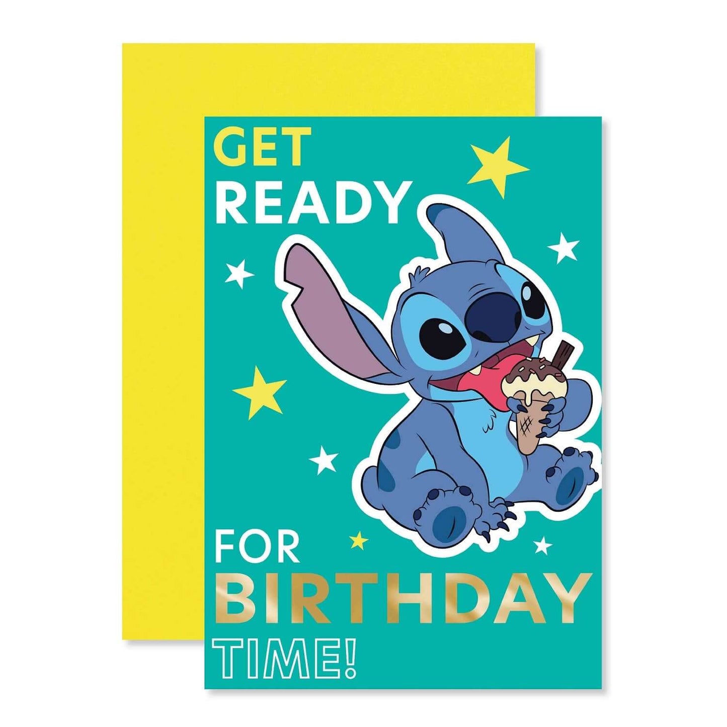 Connections from Hallmark Birthday Card - Disney Lilo & Stitch featuring Stitch eating ice cream, bold turquoise design with gold foil stars.