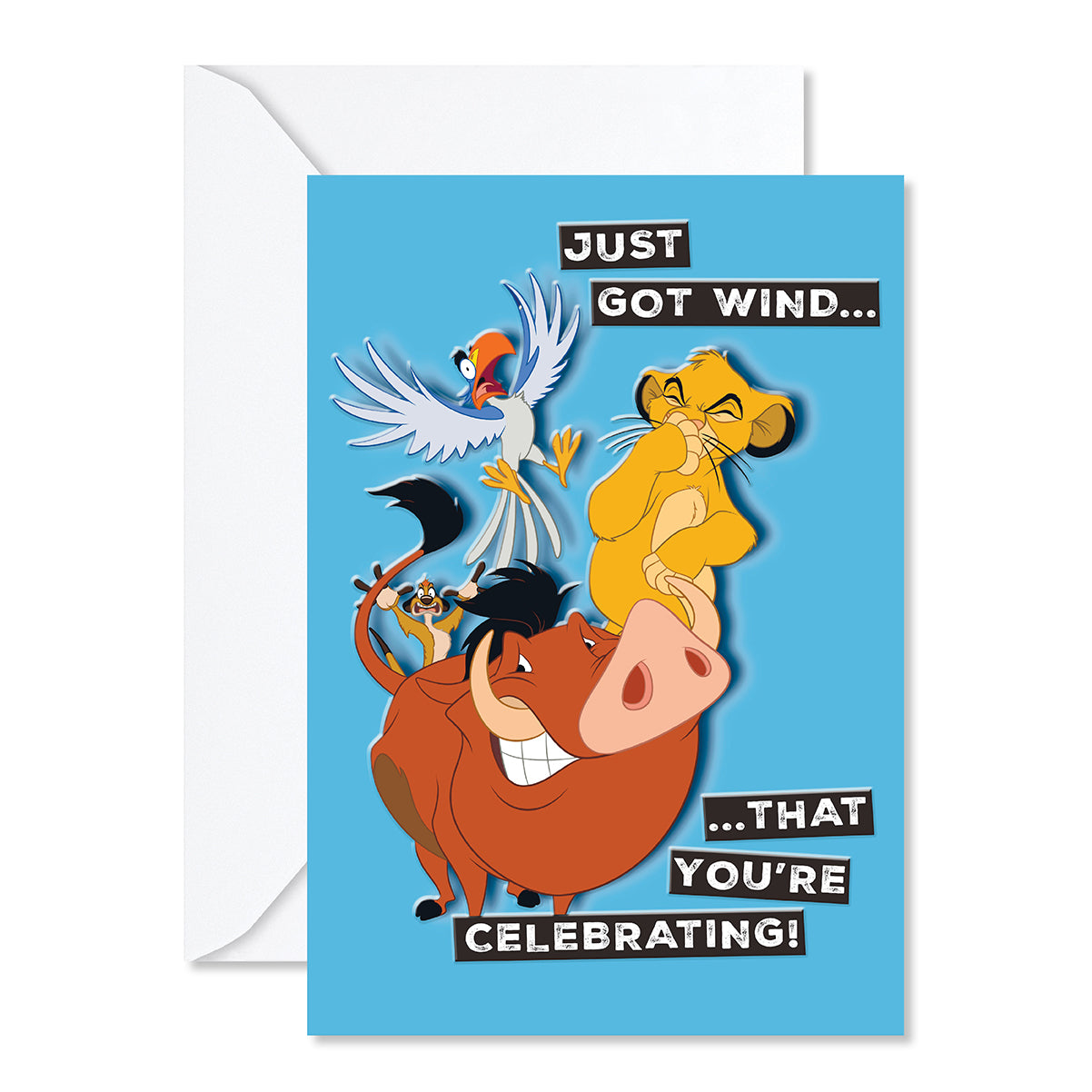 Hallmark Disney The Lion King Greeting Card - You're Celebrating featuring Simba, Timon, Pumbaa and Zazu with an embossed design and bright blue background.