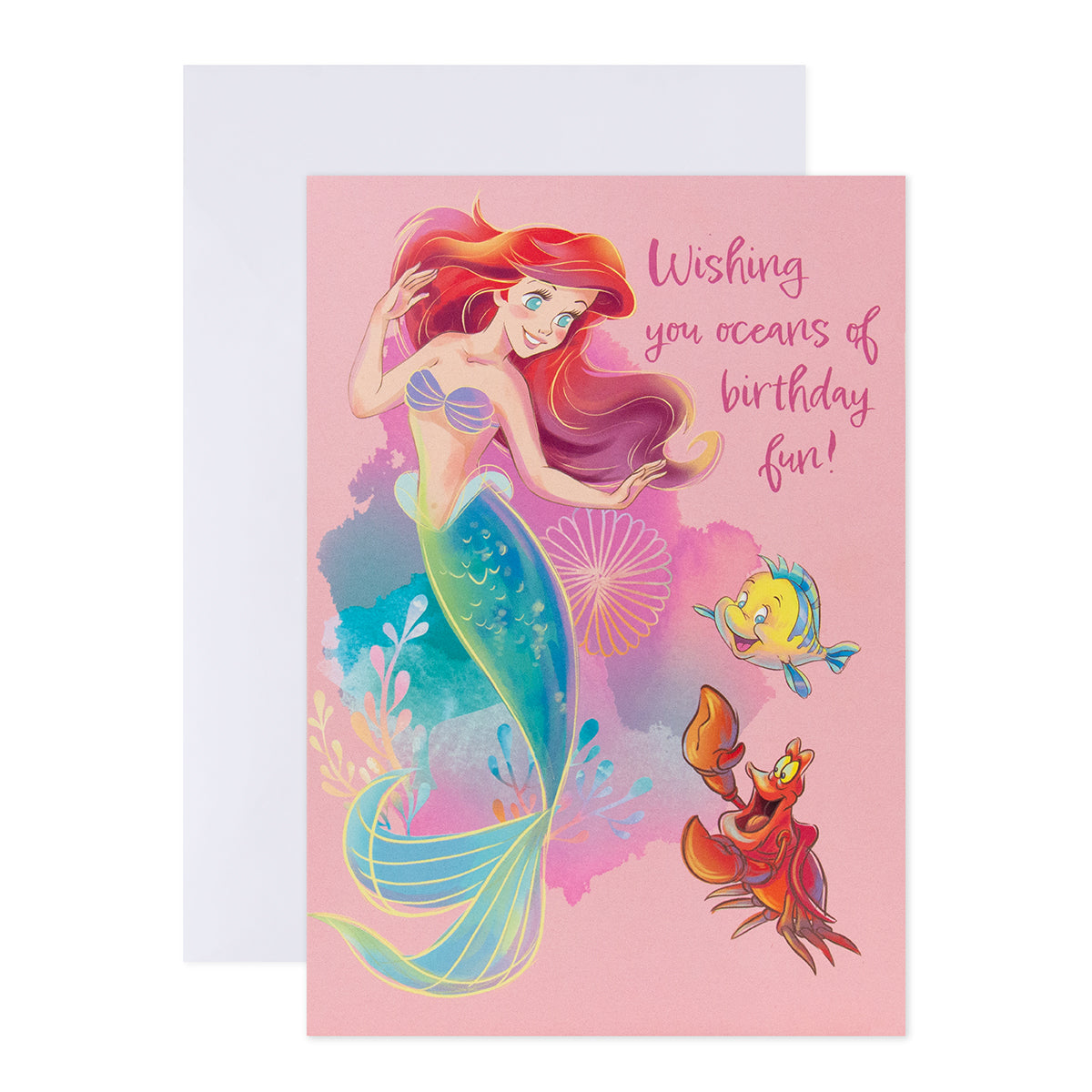 Hallmark Disney Princess Interactive Sound Card - Wishing you oceans of birthday fun! showing Ariel with colourful artwork on a pink background.