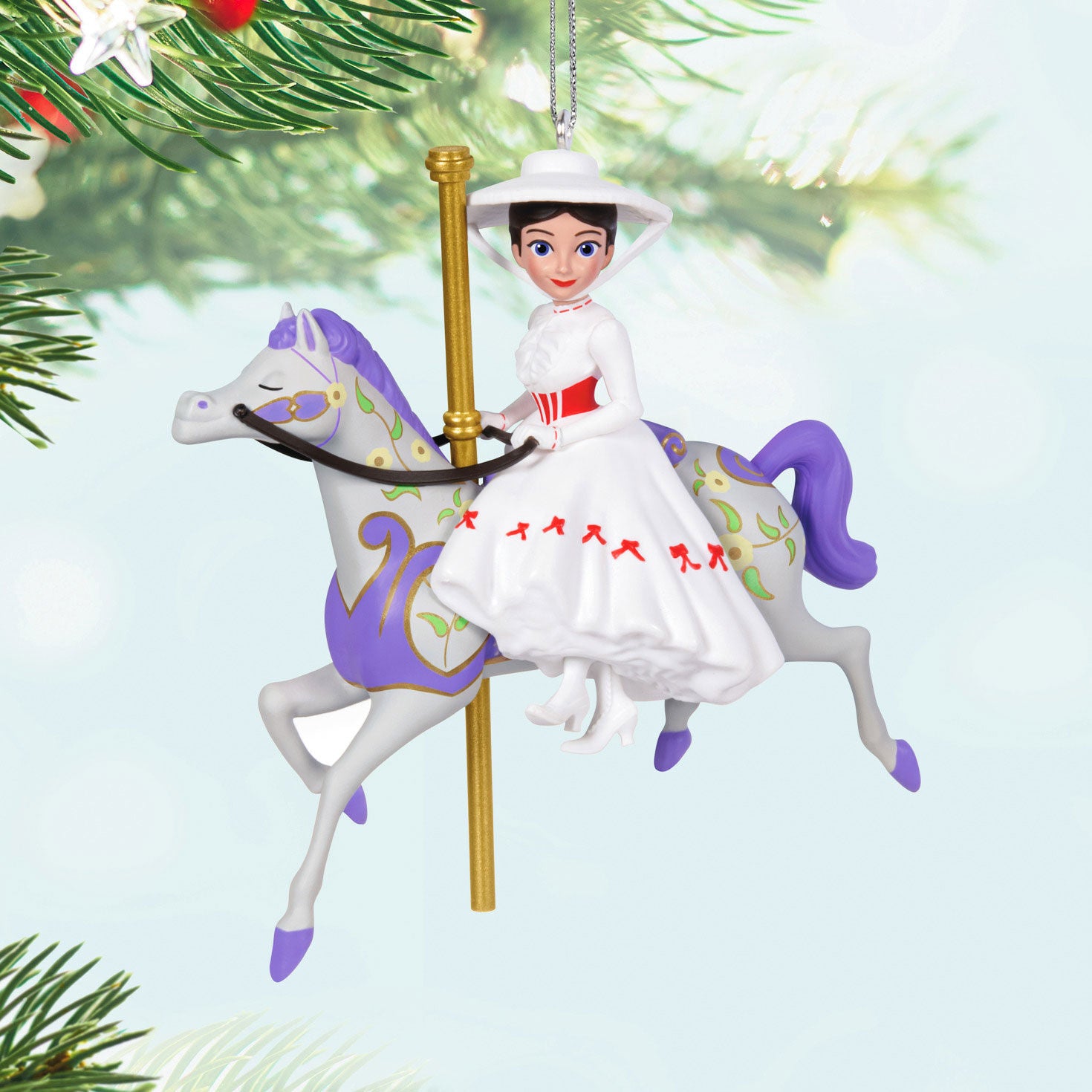 Disney Mary Poppins, 60th Anniversary A Practically Perfect Carousel Ride — Hallmark Keepsake Christmas Ornament featuring Mary Poppins on a carousel horse, close up.