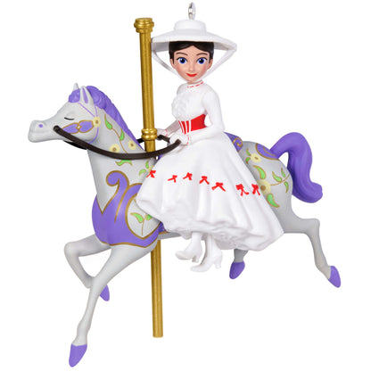 Disney Mary Poppins, 60th Anniversary A Practically Perfect Carousel Ride — Hallmark Keepsake Christmas Ornament of Mary Poppins on a purple carousel horse.