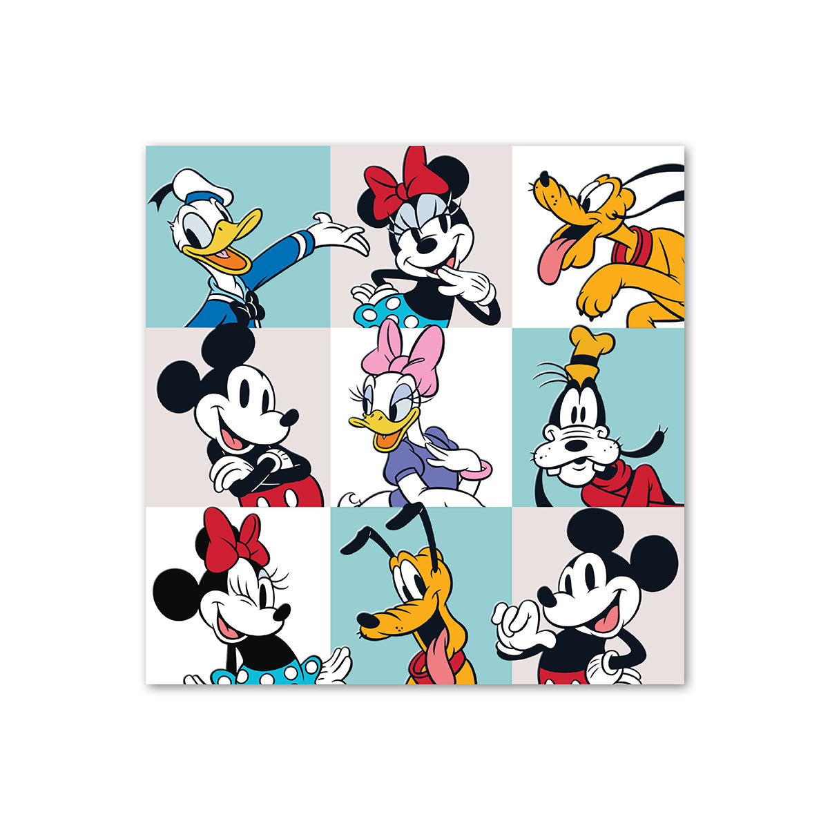 Hallmark Disney Mickey and Friends greeting card featuring vibrant illustrations of Mickey, Minnie, Donald, Daisy, Goofy, and Pluto in a grid layout.
