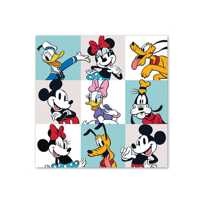 Hallmark Disney Mickey and Friends greeting card featuring vibrant illustrations of Mickey, Minnie, Donald, Daisy, Goofy, and Pluto in a grid layout.
