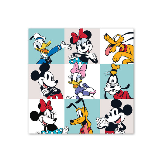 Hallmark Disney Mickey and Friends greeting card featuring vibrant illustrations of Mickey, Minnie, Donald, Daisy, Goofy, and Pluto in a grid layout.