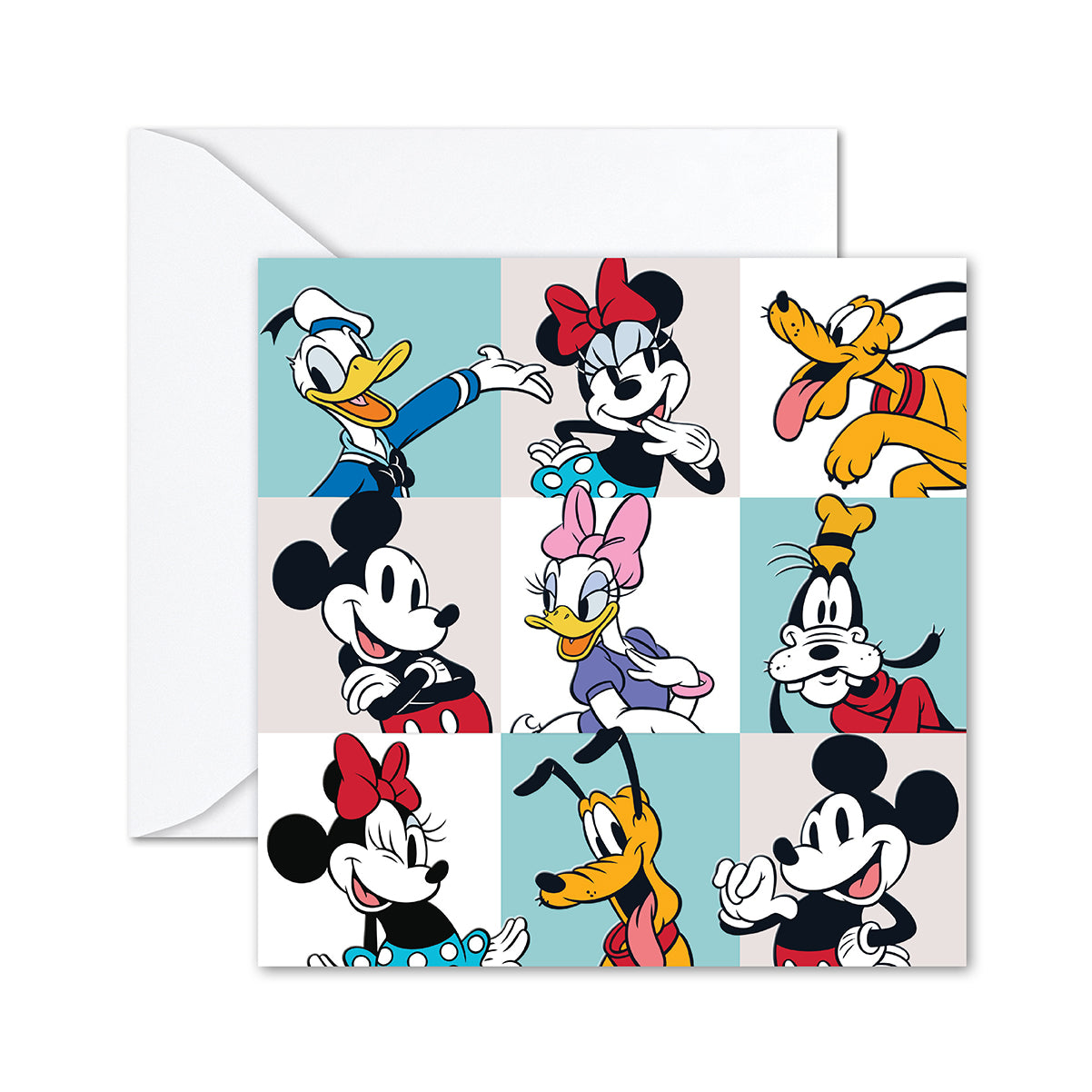 Hallmark Disney Mickey and Friends greeting card featuring colourful illustrations of Mickey, Minnie, Donald, Goofy, and Pluto in a patterned design.