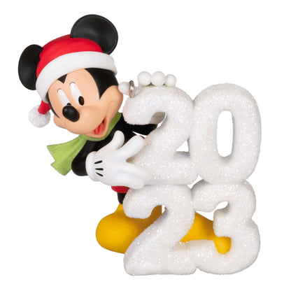 Disney Mickey Mouse, A Year of Disney Magic — Hallmark Keepsake Christmas Ornament in vibrant colours showing 2023 snow sculpture.