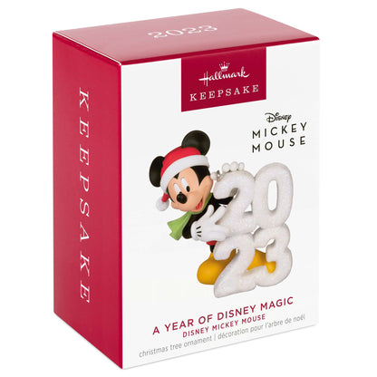 Disney Mickey Mouse, A Year of Disney Magic — Hallmark Keepsake Christmas Ornament in festive packaging with a glittery 2023.