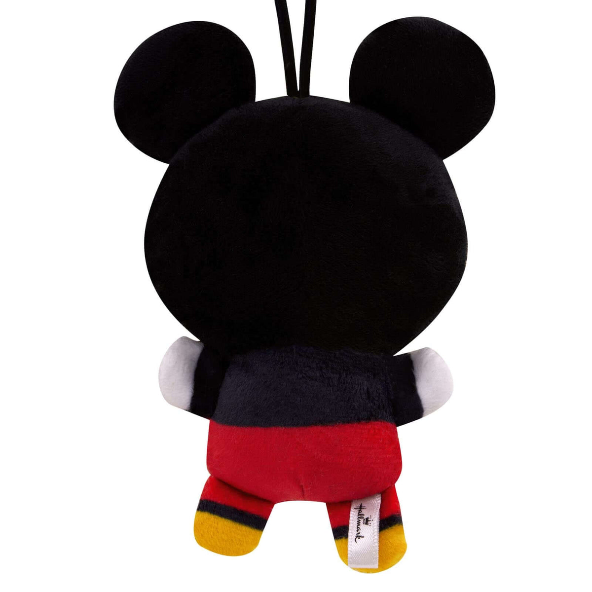 Disney Mickey Mouse, plush fabric - Hallmark Christmas ornament, back view showcasing black, red, and yellow design, kids' decoration.